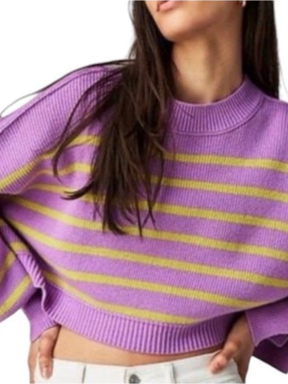Free People Lilac and Yellow Striped Cropped Crewneck Sweater
